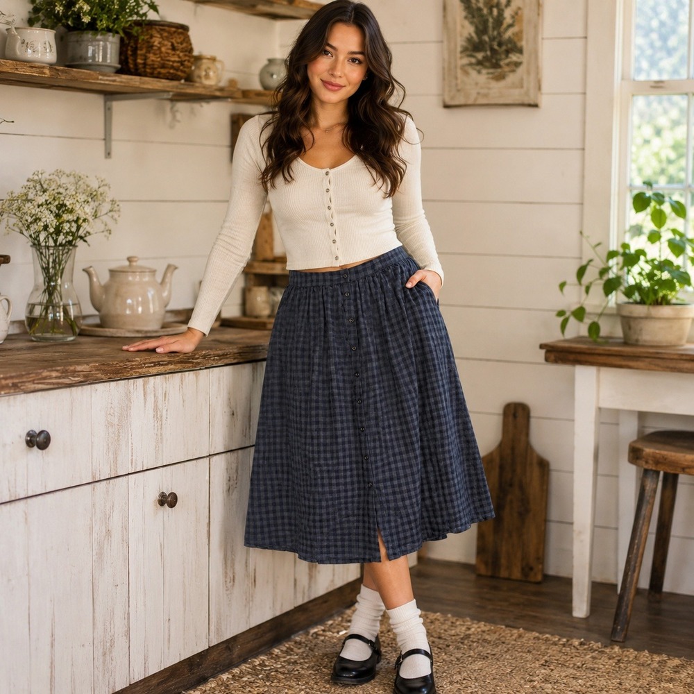 Disturbia Gingham Check Button Front Midi Skirt Blue Grey Cotton Pocket Sz 16